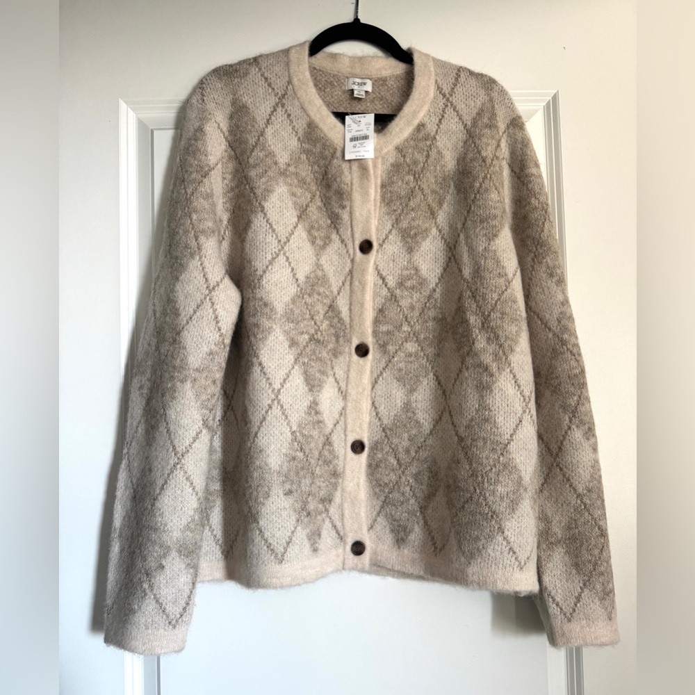 NWT! J. CREW FACTORY Women’s Argyle cardigan sweater pale toasted argyle Size XL